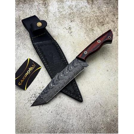 EL YAPIMI ÖZEL ÜRETİM VE ÖZEL SERİ COCOBOLO AĞAÇ DAMASCUS ÇELİK TANTO AVCI KAMP BIÇAĞI KOD:CKR613-07